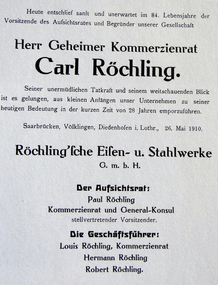 Traueranzeige für Carl Röchling, Saarbrücker Zeitung 1910