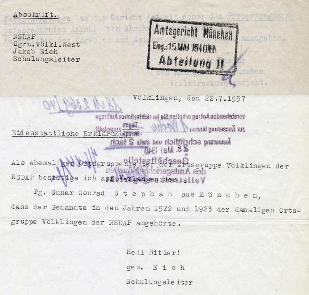 Der Ortsgruppenschulungsleiter der NSDAP-Ortsgruppe Völklingen-West, Jakob Eich, bestätigt Gunar Conrad Stephan 1922 und 1923 der damaligen NSDAP-Ortsgruppe Völklingen angehört zu haben (Abschrift).