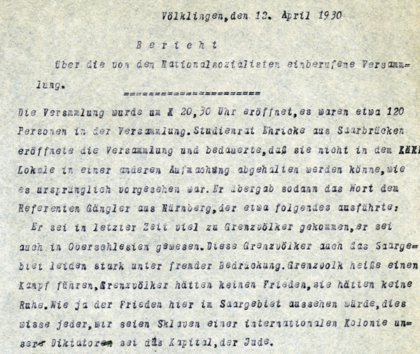 Polizeibericht über die erste dokumentierte NSDAP-Veranstaltung in Völklingen (Ausschnitt).
