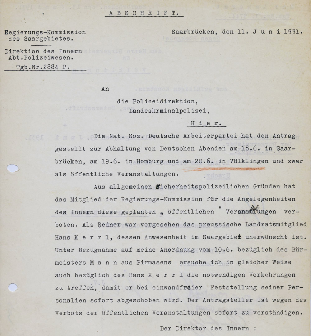 Die Reko verweigerte Hans Kerrl im Sommer 1931 die Einreise in das Saargebiet (Abschrift).
