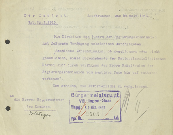 Verbot von Versammlungen der NSDAP vom 29. März 1933.