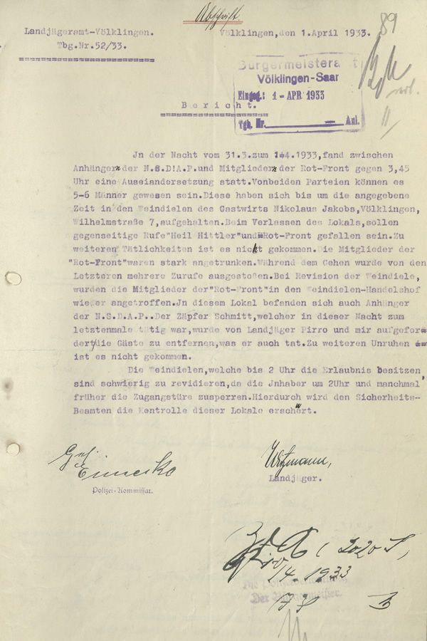 Bericht des Landjägeramts Völklingen vom 1. April 1933.