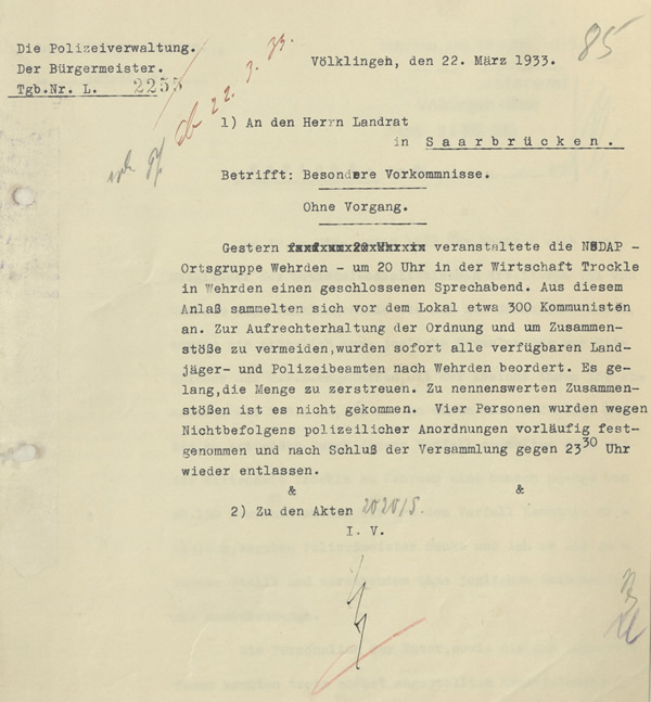 Mitteilung an den Saarbrücker Landrat vom 22. März 1933.