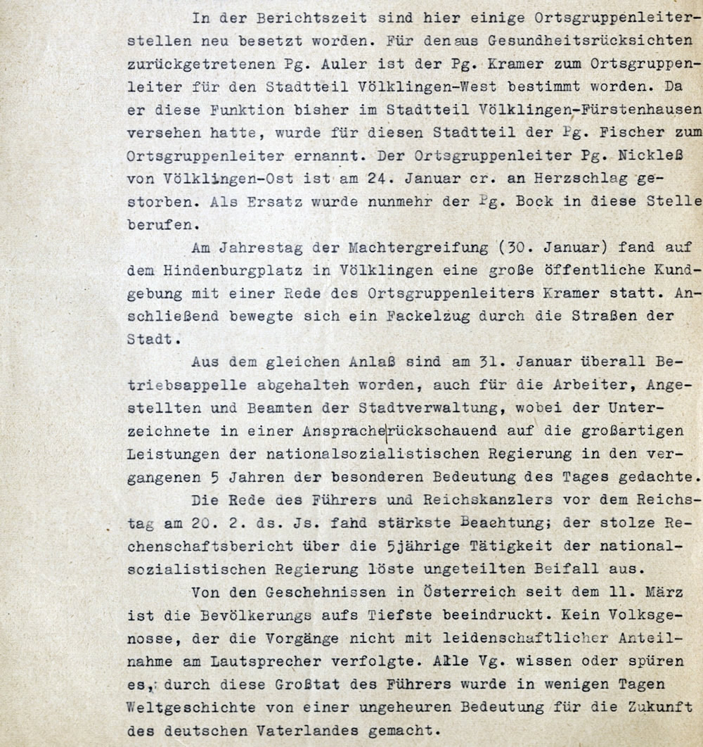 Berichterstattung des Bürgermeisters an den Saarbrücker Landrat vom 8. April 1938 (Ausschnitt).