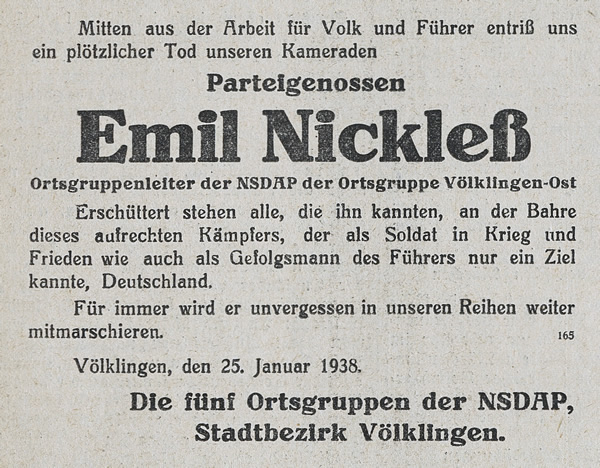 Sterbeanzeige für Emil Nickleß im Völklinger Volksfreund vom 26. Januar 1938.