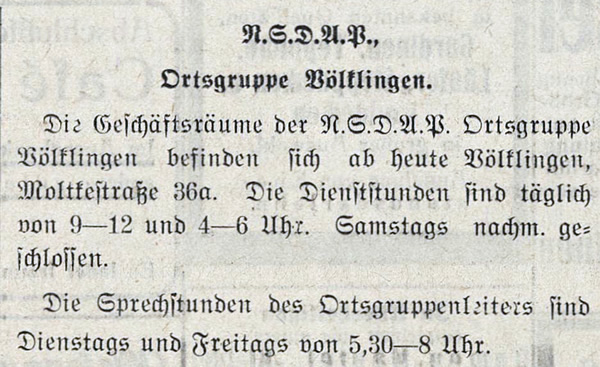 Anzeige über die Geschäftsräume der NSDAP-Völklingen im Völklinger Volksfreund vom 26. Oktober 1935.