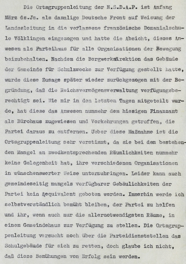 Berichterstattung des Bürgermeisters an den Saarbrücker Landrat vom 11. Mai 1935 (Ausschnitt).