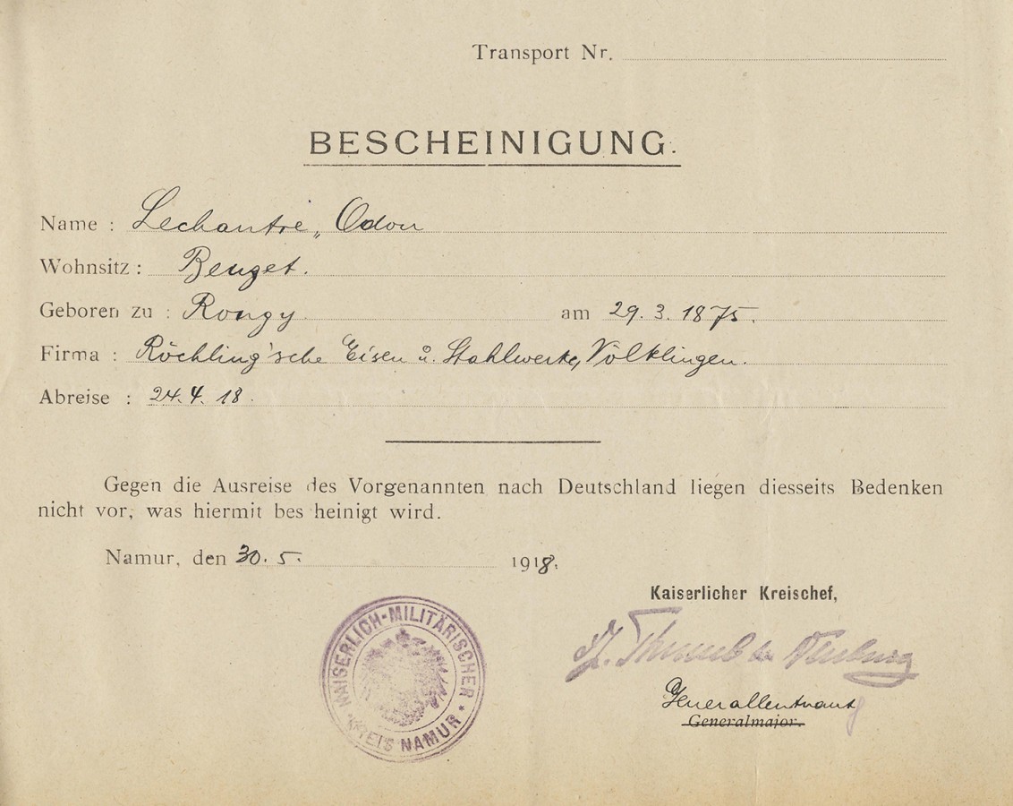 Unbedenklichkeitserklärung für Odon Lechantre wegen der Einreise in das Deutsche Reich.