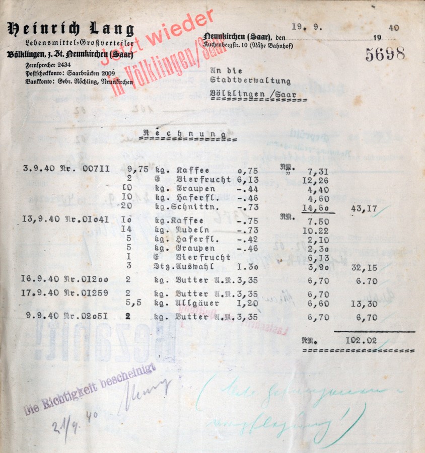 Rechnung des Heinrich Lang wegen der Lebensmittellieferung zur Versorgung der französischen Kriegsgefangenen im städtischen Kriegsgefangenenlager.
