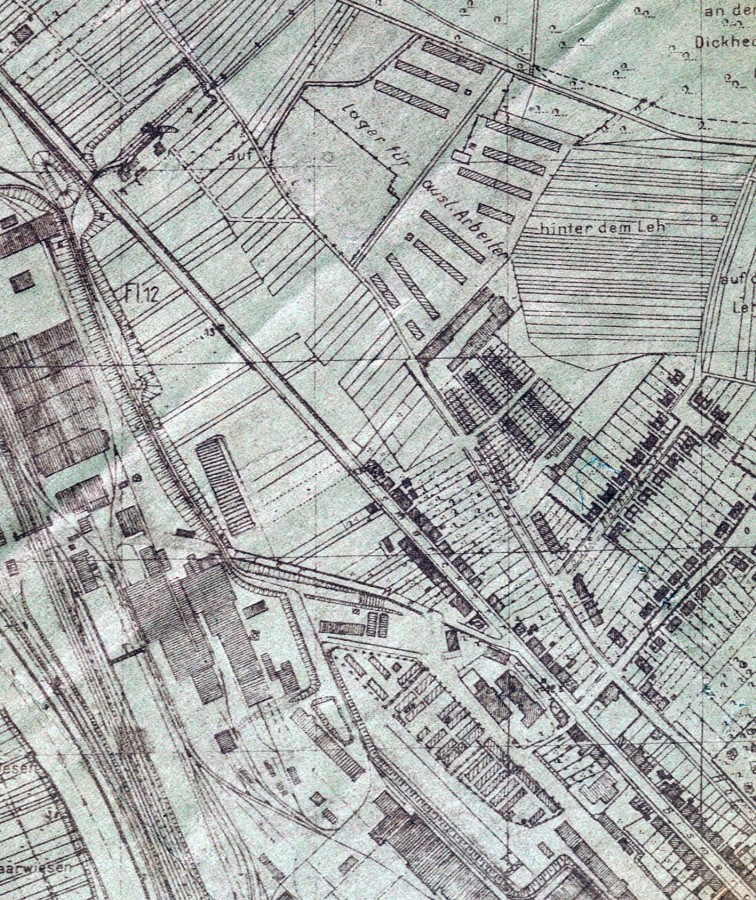 Lage des Zwangsarbeiterlagers Am Schulzenfeld an der verlängerten Hofstattstraße.