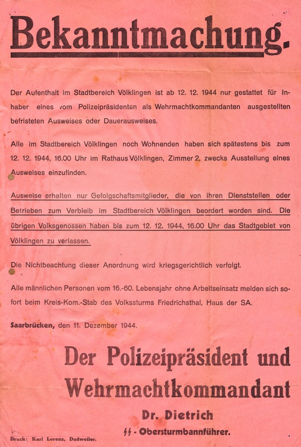 Bekanntmachung über den Aufenthalt im Völklinger Stadtgebiet ab dem 12. Dezember 1944.