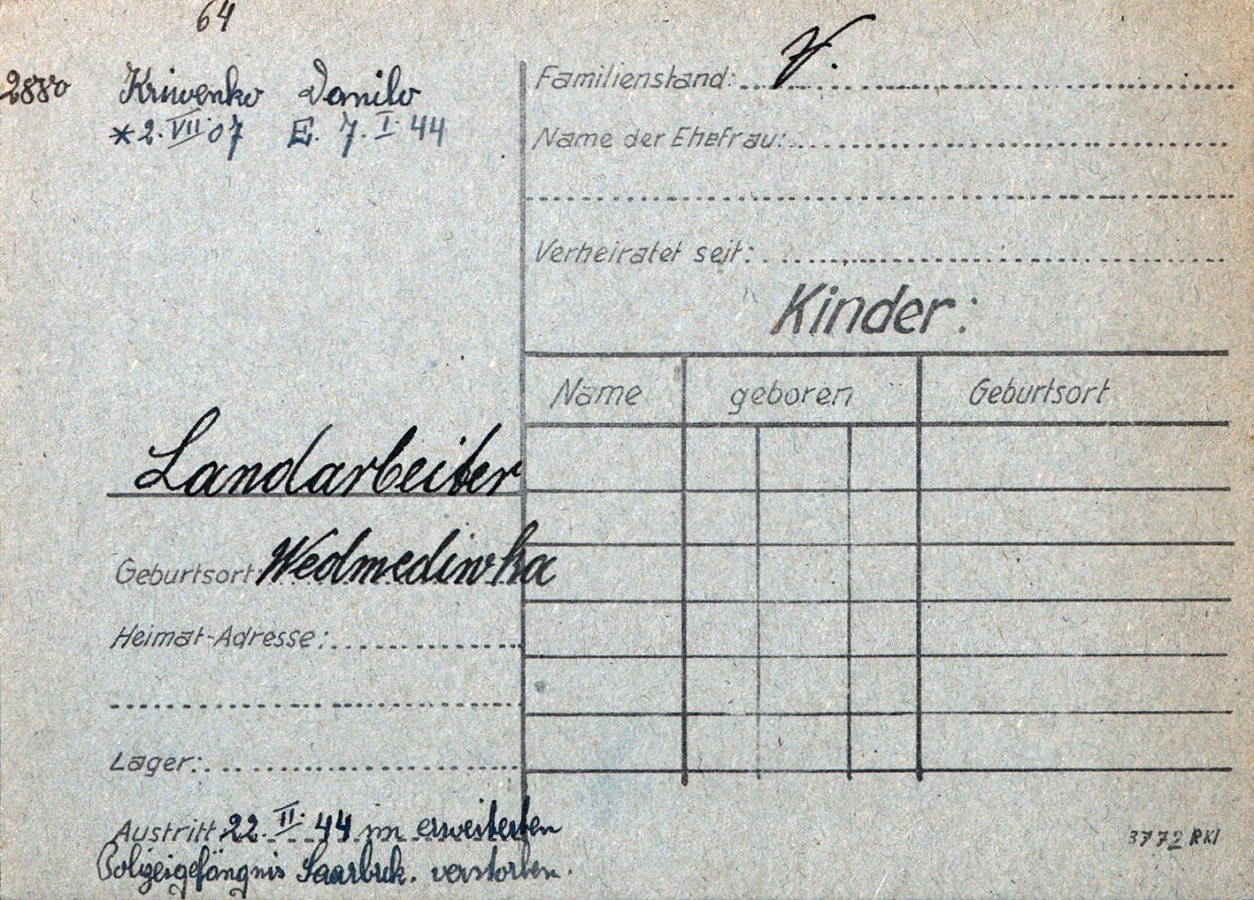 Karteikarte des am 22. März 1944 in Saarbrücken verstorbenen Danilo Kriwenko.